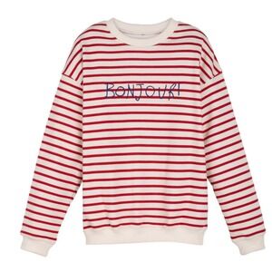Maison Me Womens‎ Sweatshirt Striped Bonjour Oversized Red Cream medium
